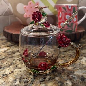 Elegant Crystal Glass Tea/Coffee Cup with Red Rose and Butterfly Enamel Accents